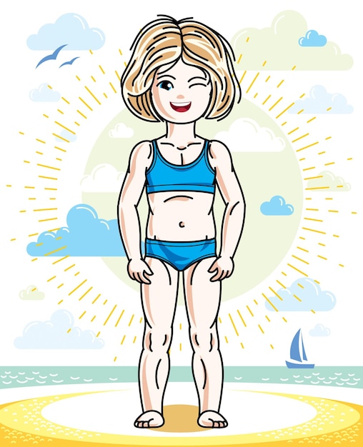 Little blonde girl toddler standing on sunny beach and wearing swimming suit. vector kid illustration. summer holidays theme.