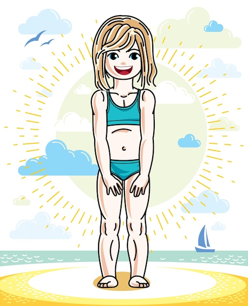 Маленькая блондинка малышка стоит на солнечном пляже и носит купальный костюм. Векторная детская иллюстрация. Тема летних каникул.