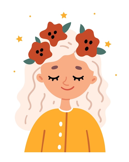 Little blonde girl in a wreath of poppies