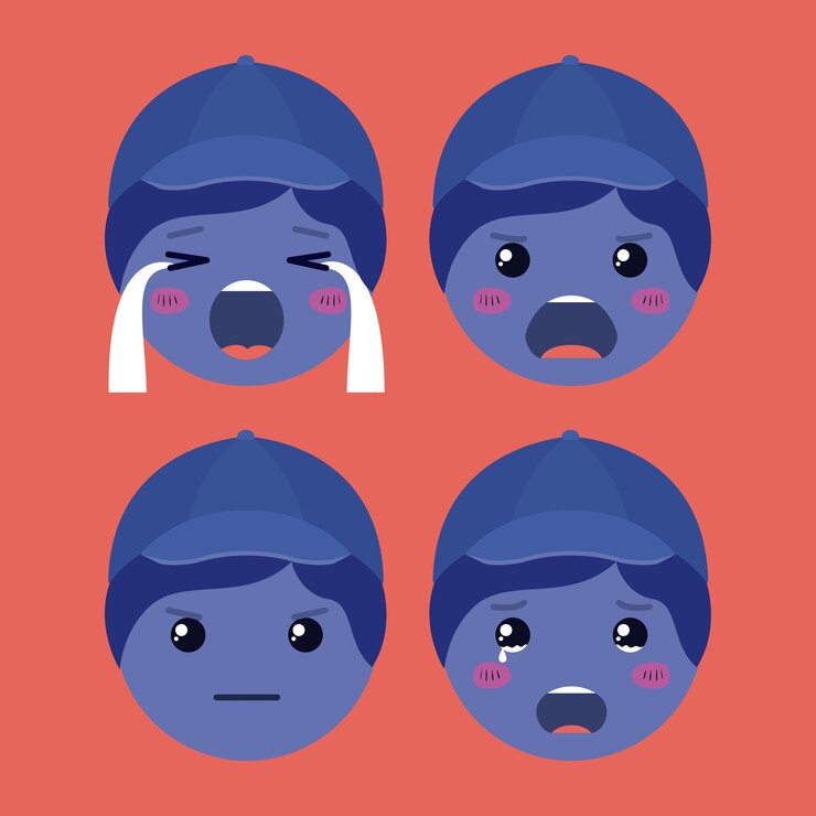 Vector little blue boys emoticon set kawaii characters