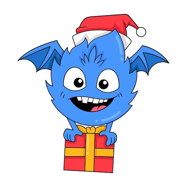 Piccolo mostro blu che celebra il natale portando regali doodle icon image kawaii