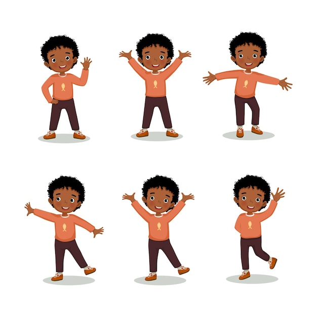 Little boy action poses with different hand and leg gestures like waving and raising hand