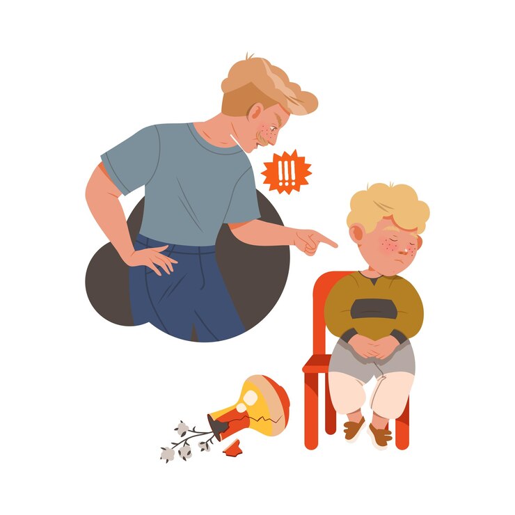 Vector little boy afraid of punishment for broken vase sitting on chair with guilty look vector illustration