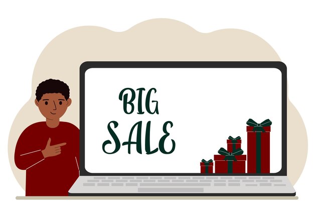 A little boy next to a big laptop on his screen the text big sales and a lot of gift boxes