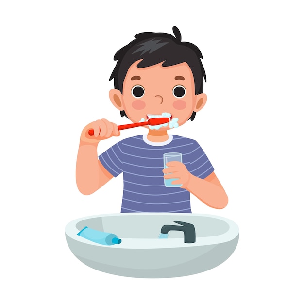 little boy brushing teeth with toothpaste holding glass of water for daily routine hygiene activity