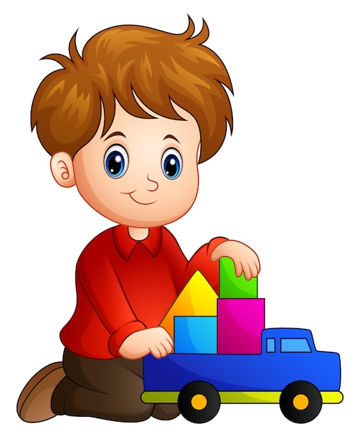 Vector little boy build a house out of blocks with toy truck