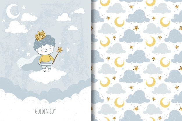 Little boy  card and seamless pattern for kids