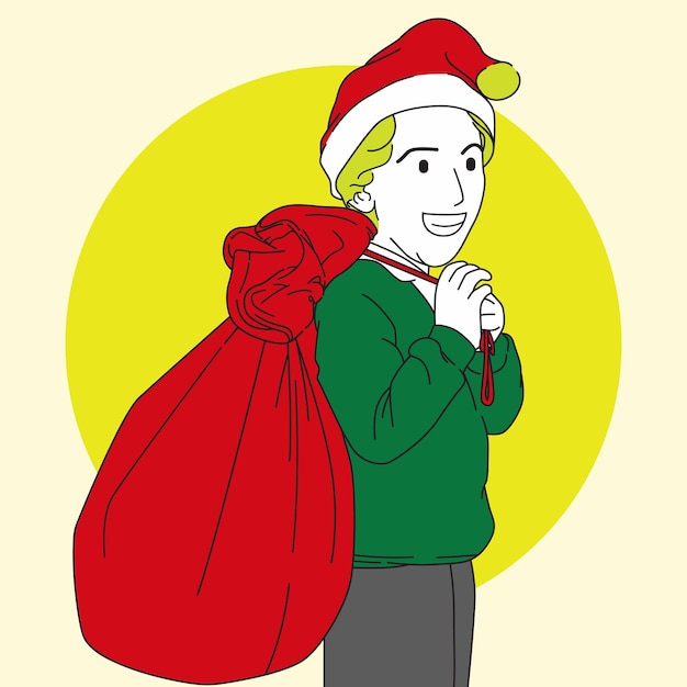 Vector little boy carrying a sack of christmas gifts