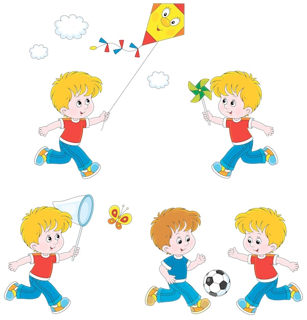 Little boy catching a butterfly playing with a kite with a whirligig and friends playing football