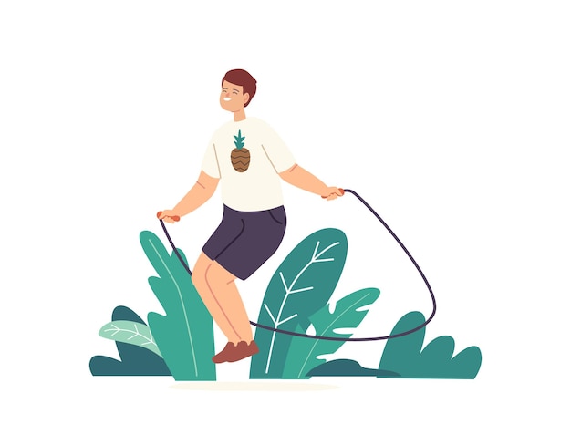 Vector little boy character exercising with jump rope. child playing on street, jumping and rejoice at summer time. healthy life, kids outdoor activity and active sparetime. cartoon vector illustration