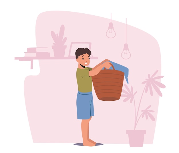 Little Boy Character Holding Basket with Linen Ready for Washing in Laundry Son Help to Parents Doing Housework