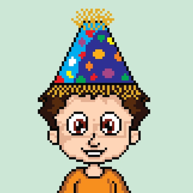 little boy character wearing party hat with pixel art