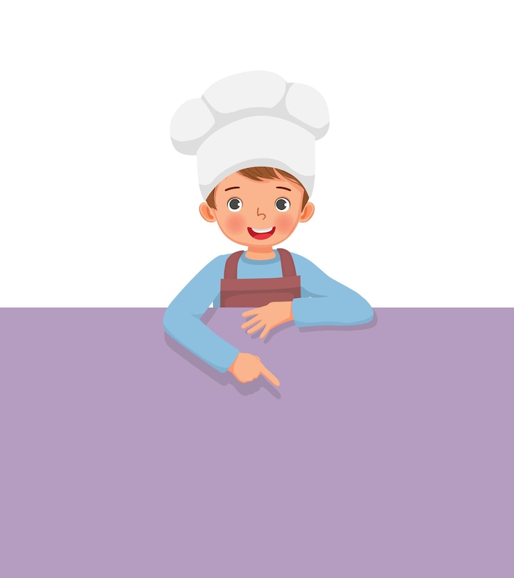 Vector little boy in chef hat and apron standing behind banner pointing finger to empty board