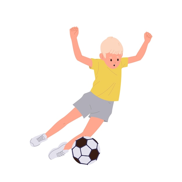 Vector little boy child cartoon character falling down while playing football outdoors isolated on white