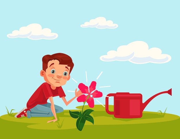 Little boy child character grow flower plant