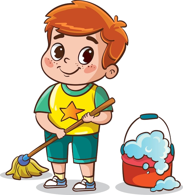 Vettore ragazzino che pulisce il pavimento di pulizia del bambino sveglio con l'illustrazione di vettore del mop