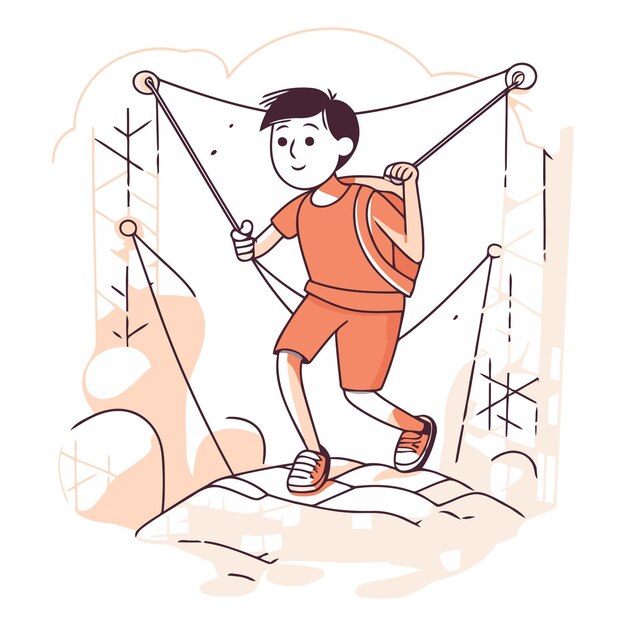 Vector little boy climbing on the rope in cartoon style