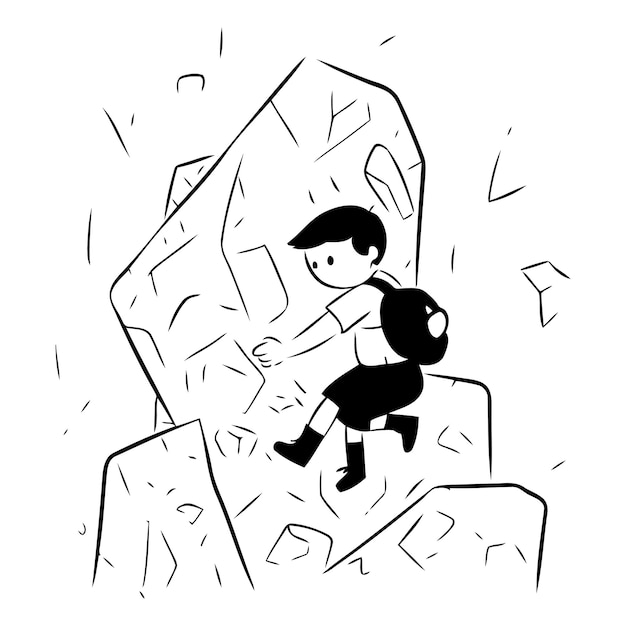 Little boy climbing up the rock in cartoon style