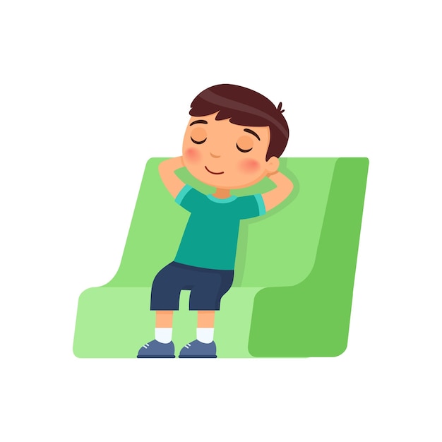 Little boy closed his eyes and sits in a chair illustration