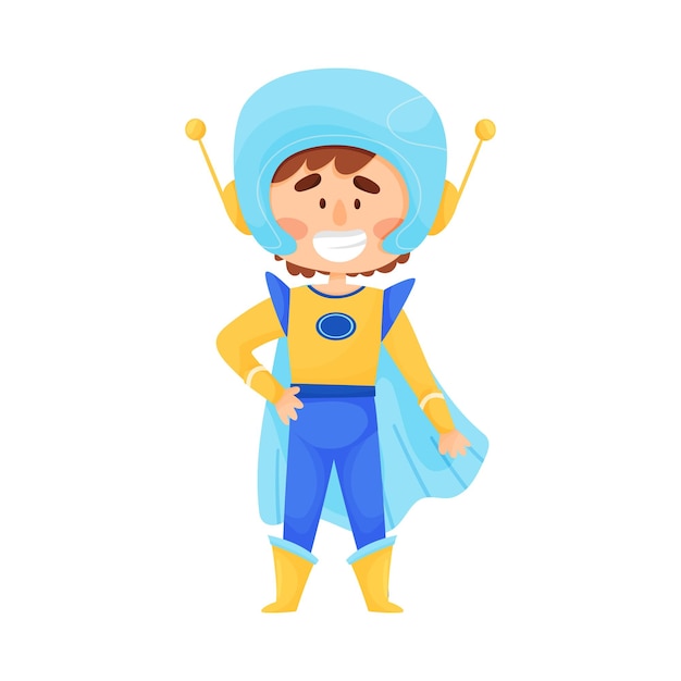 Little boy in comic superhero costume blue and yellow cloak and helmet with antennas empty ellipse on the chest chidlren cosplay vector illustration cartoon character isolated white background