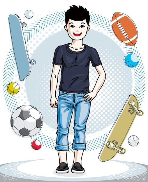 Little boy cute child standing wearing casual clothes. Vector attractive kid illustration. Childhood lifestyle cartoon.