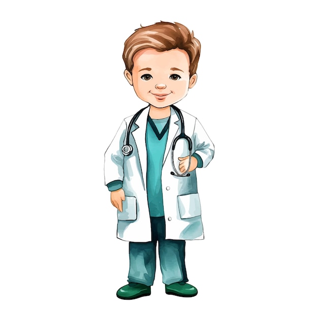 Vector little boy doctor watercolor paint