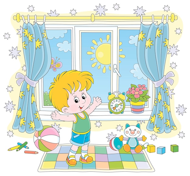 Vector little boy doing gymnastic exercises on a carpet in his nursery room with toys on a sunny morning