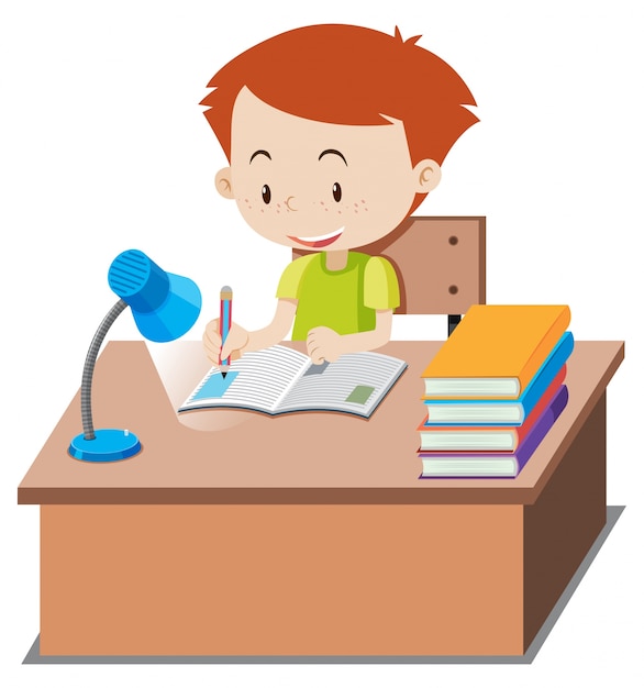 Vector little boy doing homework on table