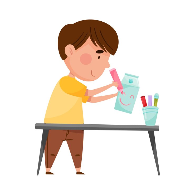 Vector little boy drawing smiley on used carton package vector illustration