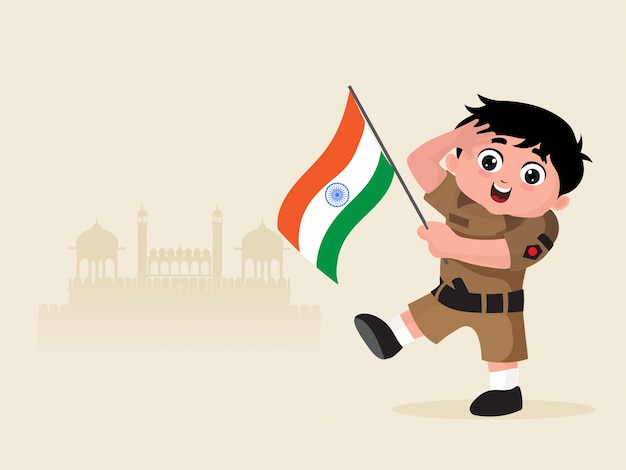 Little boy dressed like an indian army soldier with flag.