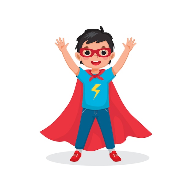 little boy dressed in superhero costume standing raising hands greeting with smiling welcome gesture