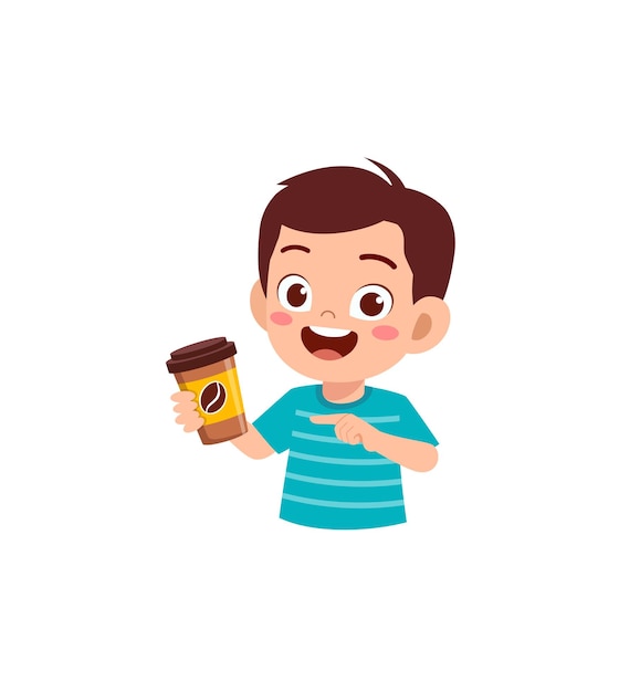 Little boy drink hot coffee and feel happy