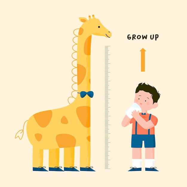 Little boy drink milk dan measure height with giraffe height chart