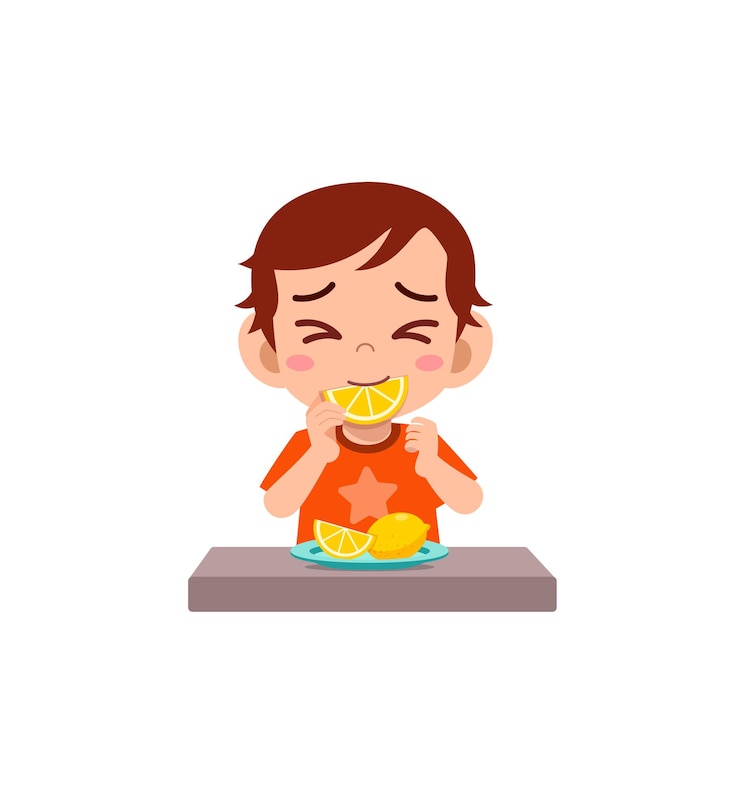 Vector 小さな男の子は酸っぱいレモンを食べて面白い表情を見せます