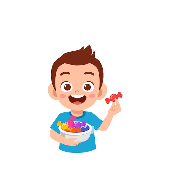 Vector little boy eat sweet candy and feel happy