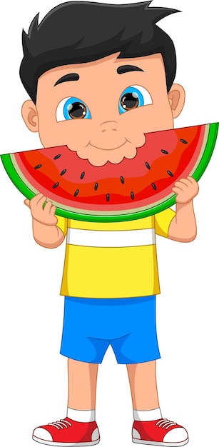 Little boy eating watermelon cartoon