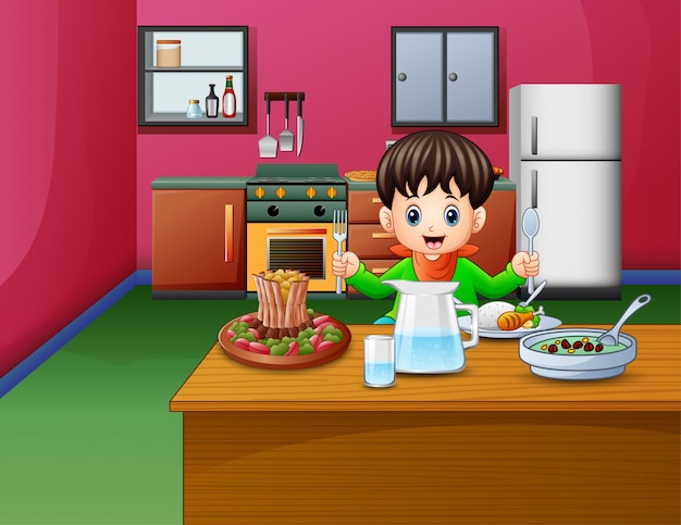 Vector little boy eats sitting at the dining table