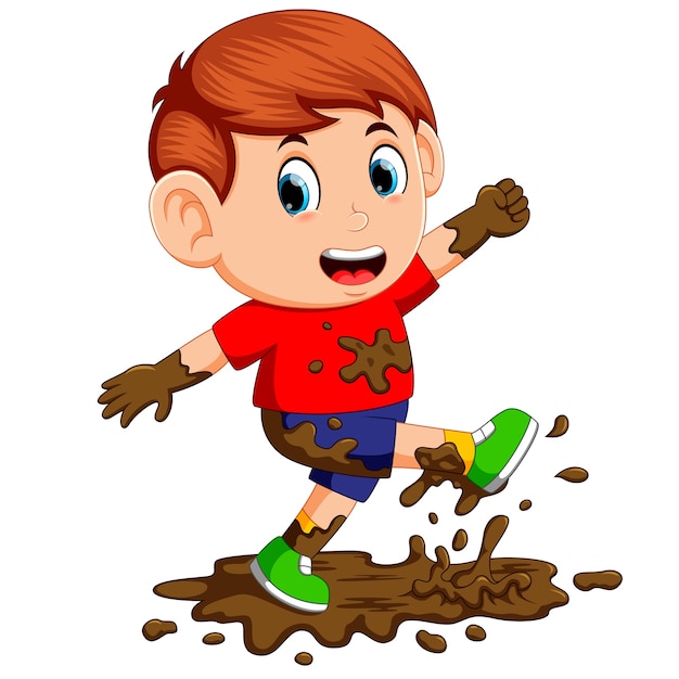 Vector little boy enjoy playing in the mud