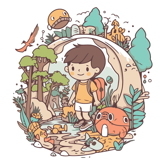 Little boy exploring the world Cute hand drawn vector illustration