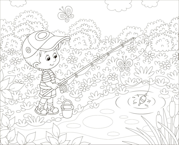 Little boy fisherman with a fishingrod catching fish in a small pond on a sunny summer day