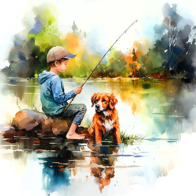 Premium Vector  Little boy fishing with his dog watercolor paint