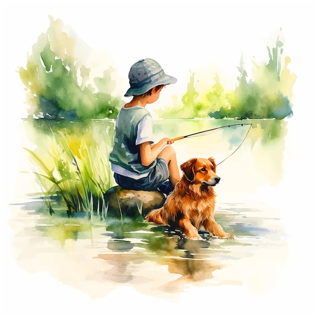Little boy fishing with his dog watercolor paint