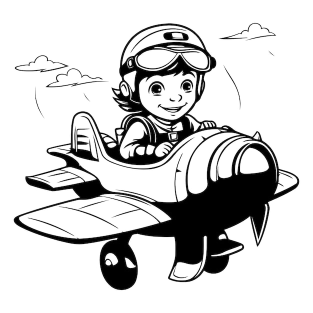 Ragazzino che vola in aereo illustrazione vettoriale in bianco e nero per bambini