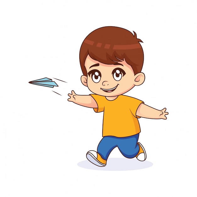 Little Boy flying paper plane, with white background