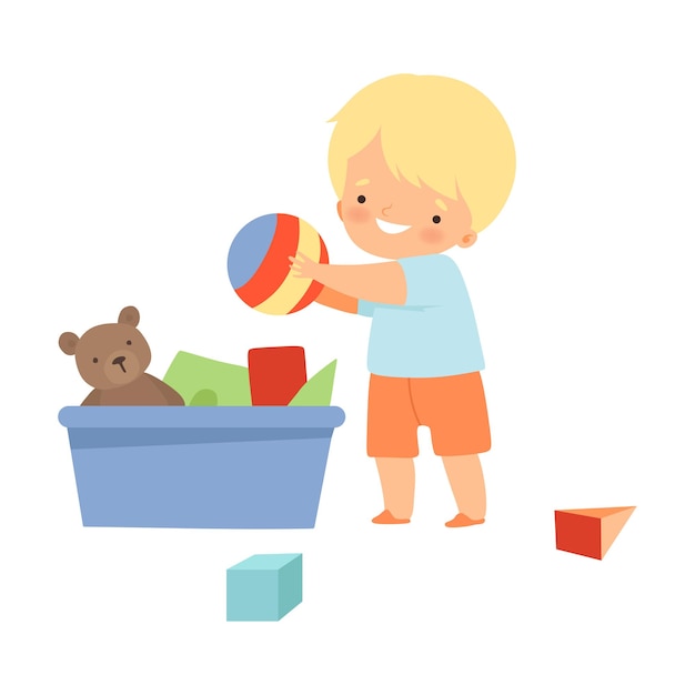 Vector little boy gathering his toys and tidy up his room vector illustration
