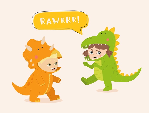 Little boy and girl dressed in jumpsuit kigurumi in form of dinosaurs Boy in triceratops costume and girl in t rex with hood and tail Cozy dino pajamas Cartoon flat vector illustration