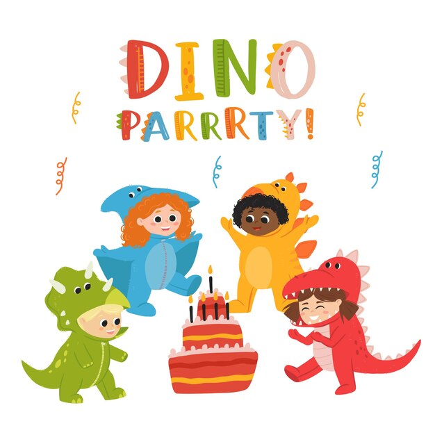 Little boy and girl dressed in jumpsuit kigurumi in form of dinosaurs boy in triceratops and stegosaurus costume and girl in t rex and pterodactyl cozy dino pajamas cartoon flat vector illustration