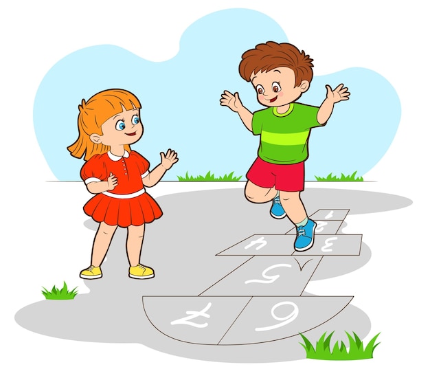 Маленький мальчик и девочка прыгает. Играть в классики. Векторные иллюстрации в мультяшном стиле плоский