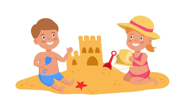 Little boy and girl making sandcastle at the beach