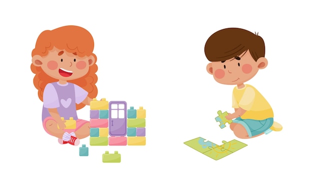 little boy and girl playing with toy blocks and jigsaw puzzle in playroom vector set